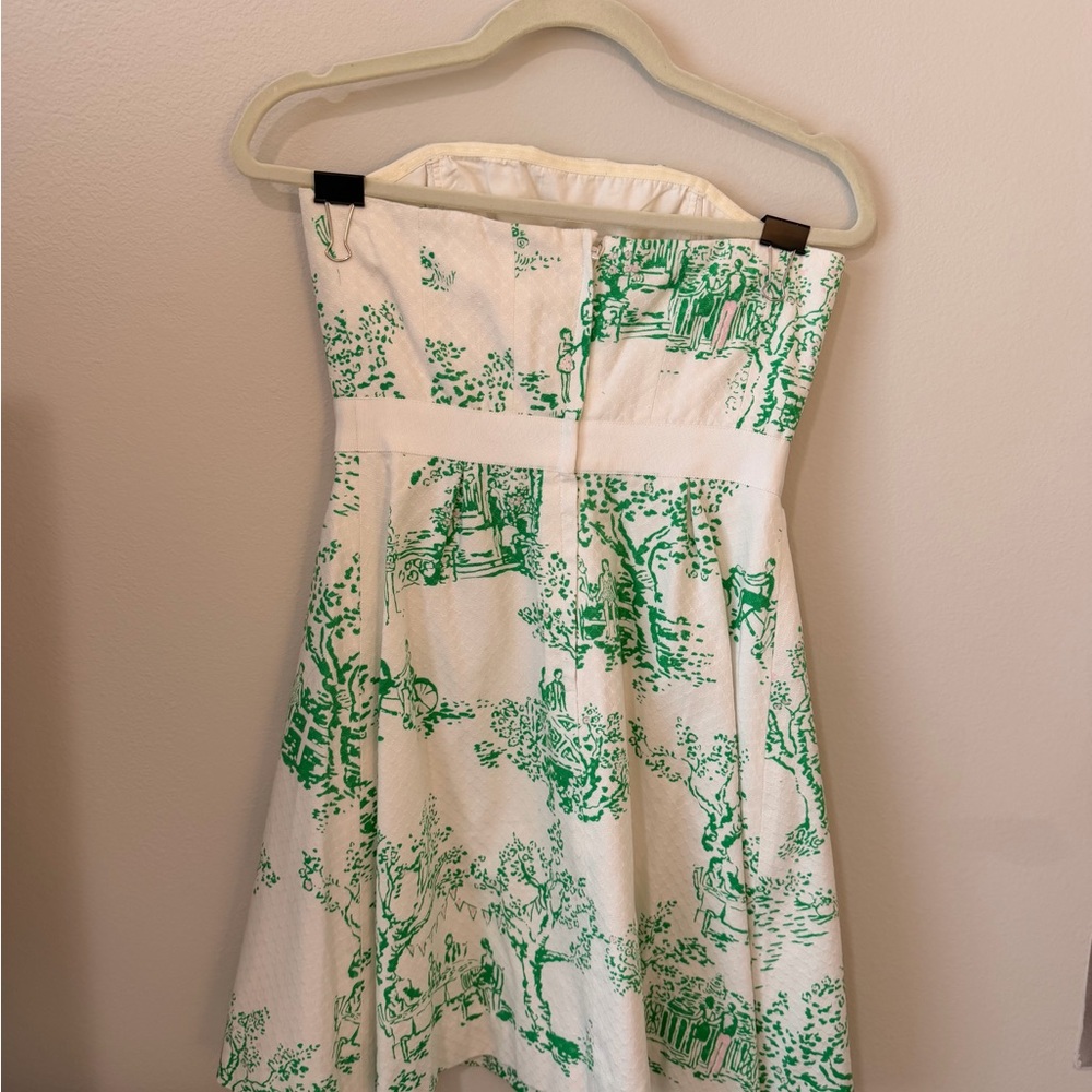 Vintage Lilly Pulitzer White Strapless Toile Dress with Green Print and Bow - Picture 2 of 5